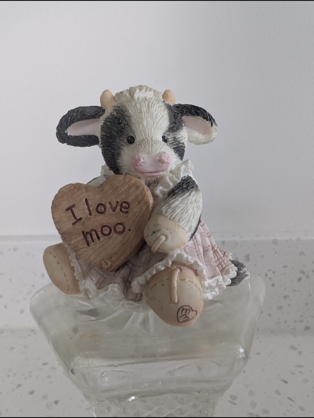 Cow Figurine Holding "I Love Moo" Heart - Pink & Black Accent 1994 Enesco